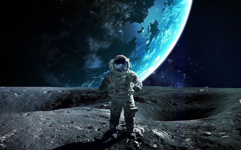 planet, astronaut, digital art, space, space art, cyan, Moon