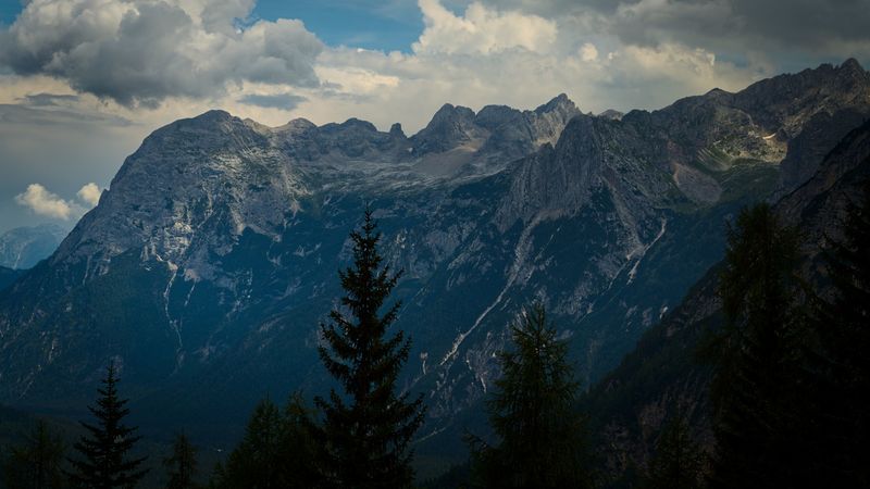 mountains, trees, clouds, peak, veneto, italy, 4k