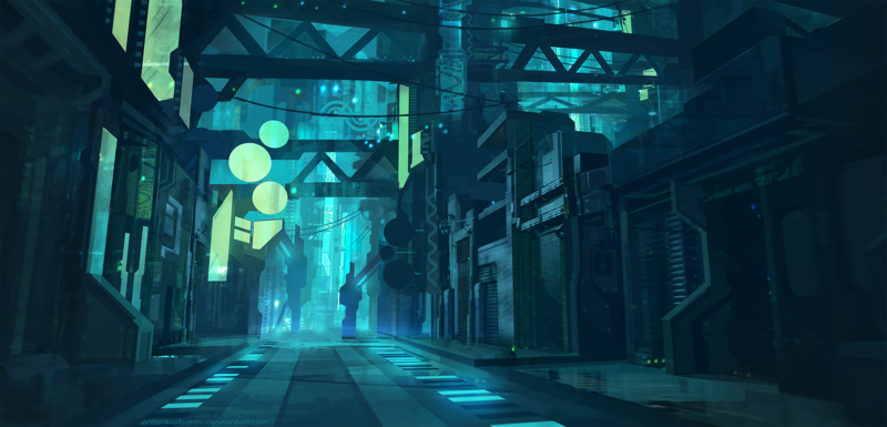 futuristic, futuristic city, street, lights, neon, neon lights, architecture, building, blue, cyan, environment, cyberpunk, dark