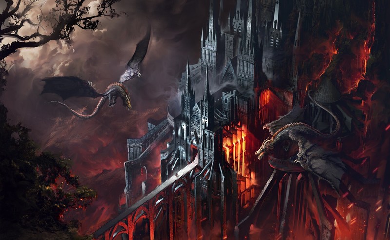 fire, castle, dragon, creature, fantasy art