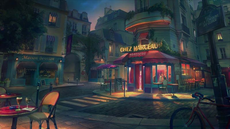 bar, village, drawing, restaurant, street, Robin Lhebrard, French, cafeteria, building