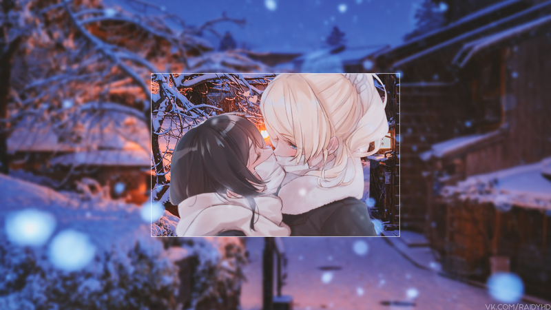 anime, anime girls, picture-in-picture, snow, yuri