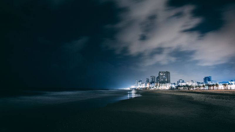night city, beach, night, sky, overcast, clouds, 4k
