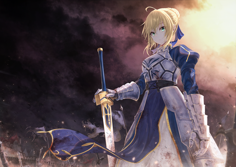 anime, anime girls, digital art, artwork, portrait, short hair, Fate/Stay Night, Arturia Pendragon, Fate/Grand Order, FGO, blonde, sword, green eyes, dress, blue dress, Saber