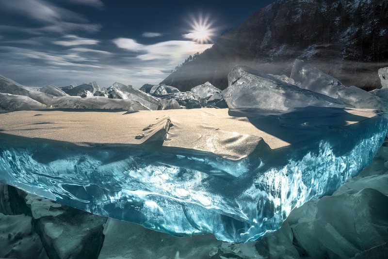 nature, winter, ice, long exposure, sun rays, turquoise