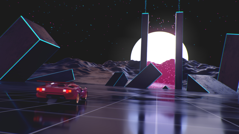 digital, digital art, artwork, illustration, Retrowave, vaporwave, synthwave, architecture, lines, Sun, dusk, vehicle, car, prism, supercars, Lamborghini, Lamborghini Countach, sunset, stars, OutRun, neon, racing