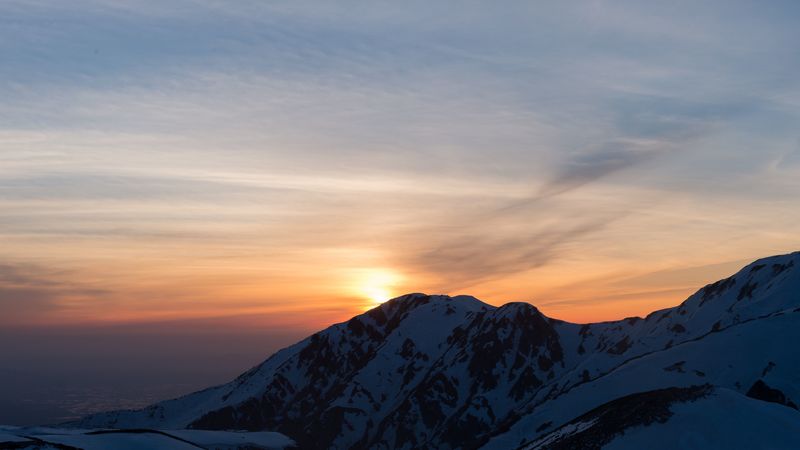mountains, snowy, sunset, sky, 4k