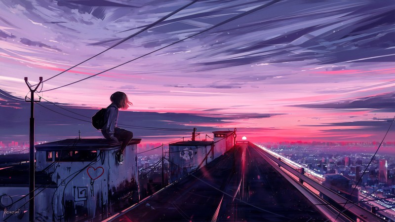 artwork, digital art, city, cityscape, Sun, sky, clouds, road, moescape