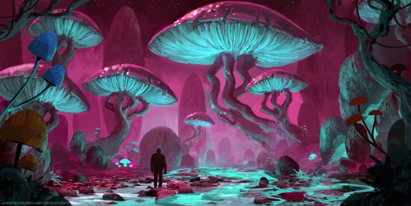 digital, digital art, artwork, drawing, digital painting, illustration, fantasy art, planet, aliens, giant, mushroom, landscape, silhouette, environment, loneliness, alone, purple, cyan, trees, lights, dark, men, outdoors, space, glowing, concept art, atmosphere, science fiction, Anton Kurbatov