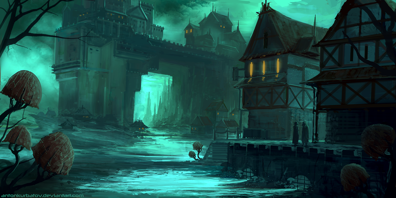 digital, digital art, artwork, drawing, digital painting, illustration, landscape, architecture, building, people, castle, dark, mushroom, green, cyan, bridge, trees, wood, town, medieval, village, shadow, lights, nature, fungus, Anton Kurbatov, teal, turquoise