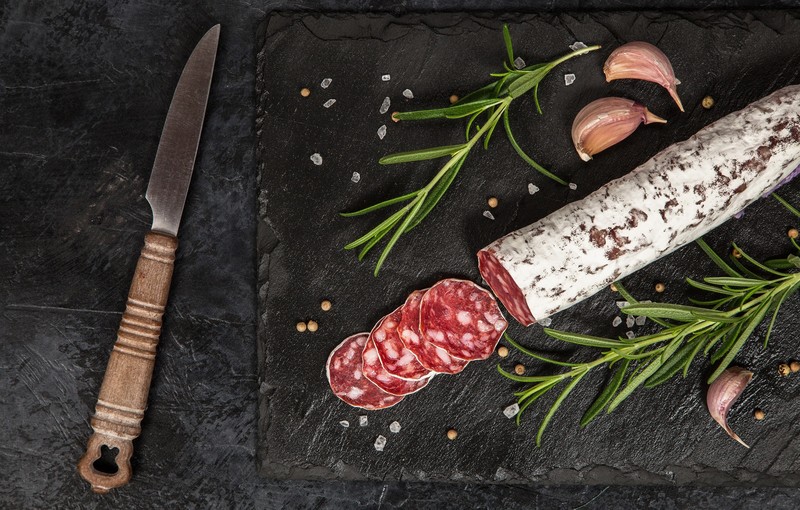 knife, sausage, food