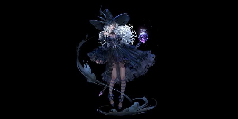 simple background, anime girls, anime, fantasy art, fantasy girl, black background, witch hat, skull, witch, staff