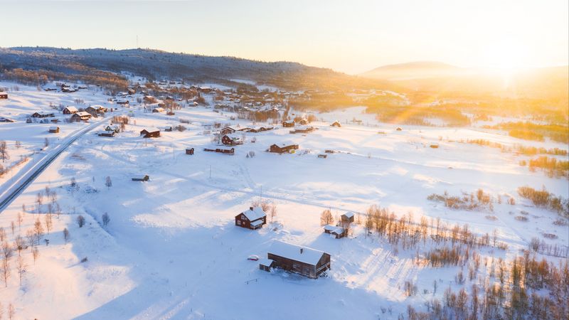 winter, snow, sunshine, village, aerial view, 4k