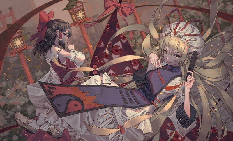 anime girls, anime, digital art, artwork, long hair, portrait, Touhou, Yakumo Yukari, Hakurei Reimu, blonde, brunette, red eyes, green eyes, brown eyes, dress