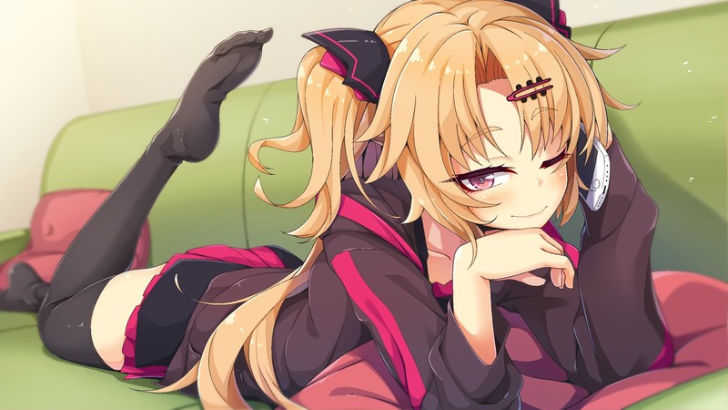 anime girls, anime, digital art, artwork, long hair, portrait, Virtual Youtuber, blonde, blue eyes, smiling, cellphone, sweater, skirt, socks, couch, ponytail