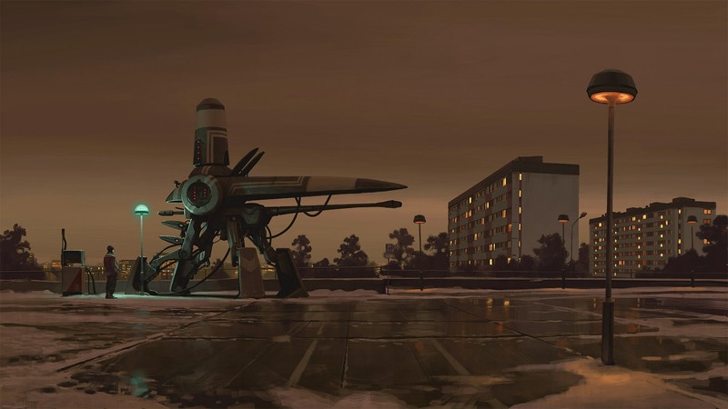artwork, Simon Stålenhag, street, building, lights, robot, technology