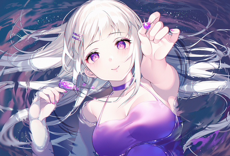 anime, anime girls, digital art, artwork, portrait, long hair, white hair, blue hair, water, Smile, arms up, original characters
