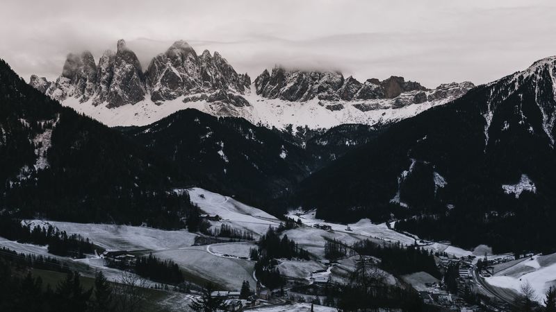 mountains, aerial view, winter, snow, dolomites, italy, 4k