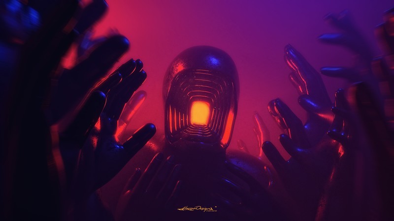 digital, digital art, artwork, fantasy art, abstract, illusion, 3D Abstract, lights, neon, colorful, glowing, hands, faceless, fictional, fictional character, dark, grunge, surreal, 3D, 3D fractal, Lacza, illustration, concept art, environment, red, watermarked