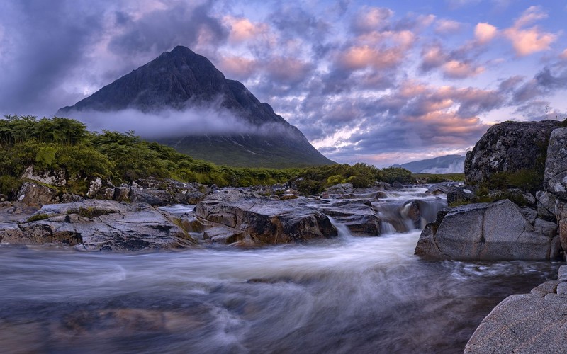 Buachaille Etive Mòr, Scotland, nature, landscape, mountains, river, clouds