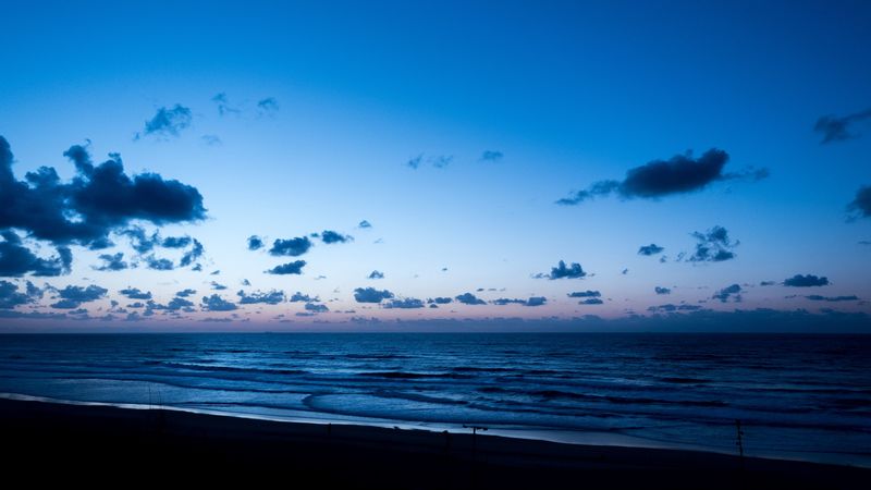 sea, horizon, sunset, clouds, twilight, shore, 4k