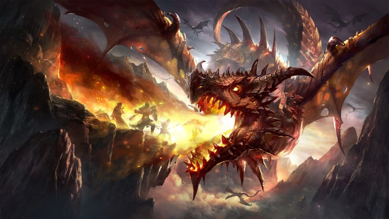 digital, digital art, artwork, fantasy art, dragon, landscape, fire, wings, fictional, battle, fictional characters, people, rocks, mountains, creature, fictional creatures, environment, illustration