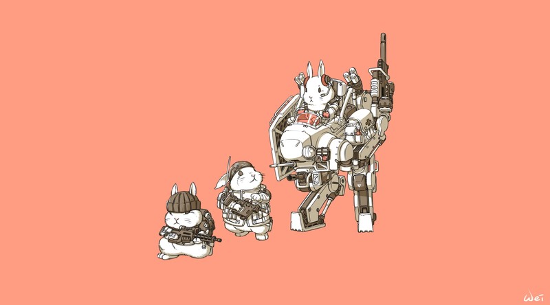simple background, artwork, rabbits, mech, soldier, weapon