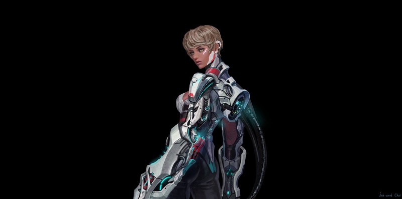 women, artwork, cyborg, machine, simple background, futuristic