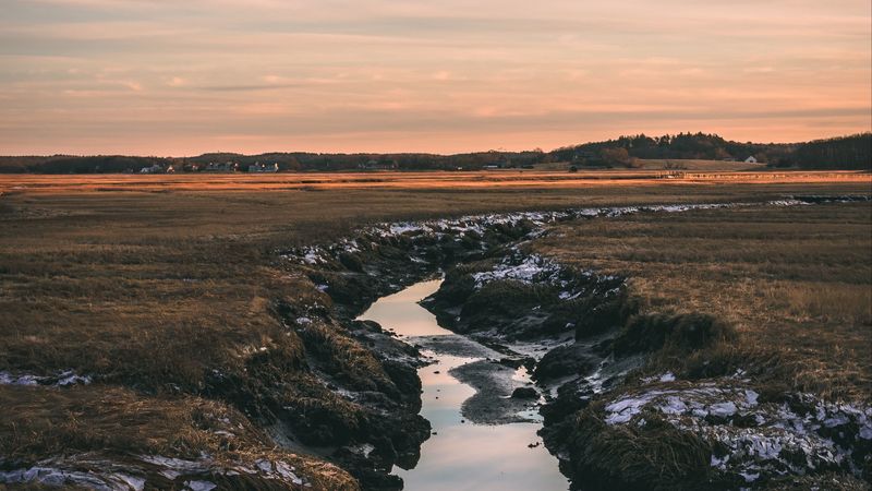 river, stream, current, horizon, grass, sky, 4k