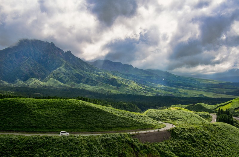 Japan, landscape, clouds, nature, sun rays, mountains, road