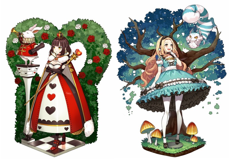 anime, anime girls, digital art, artwork, portrait, Alice, Red Queen, dress, blue dress, rabbits, cats, trees, blonde, open mouth, brunette, rose, crown