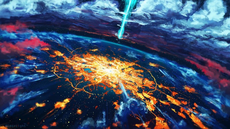 artwork, fantasy art, digital art, meteors, planet, space, blue, orange