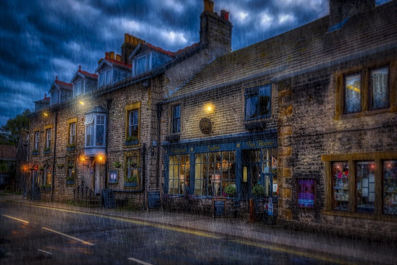 town, street, house, rain