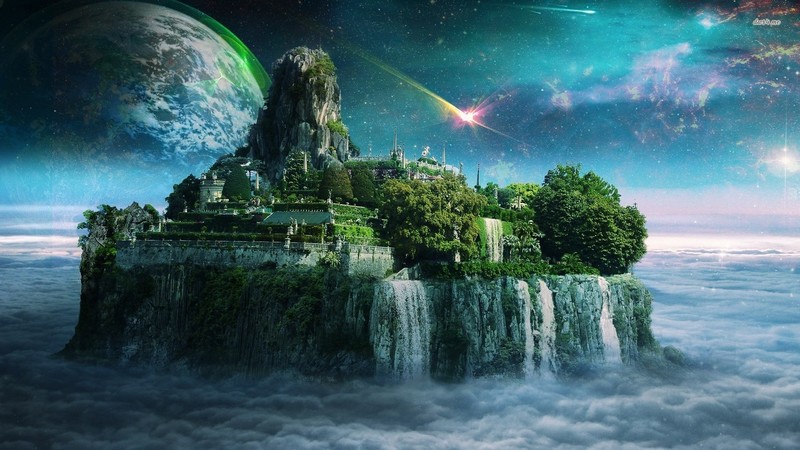 island, water, digital art, fantasy art, planet, sky, artwork