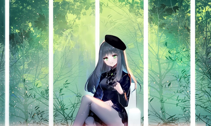 anime, anime girls, digital art, artwork, portrait, green eyes, gray hair, hat, black hat, plants, trees, Smile, long hair, green, original characters