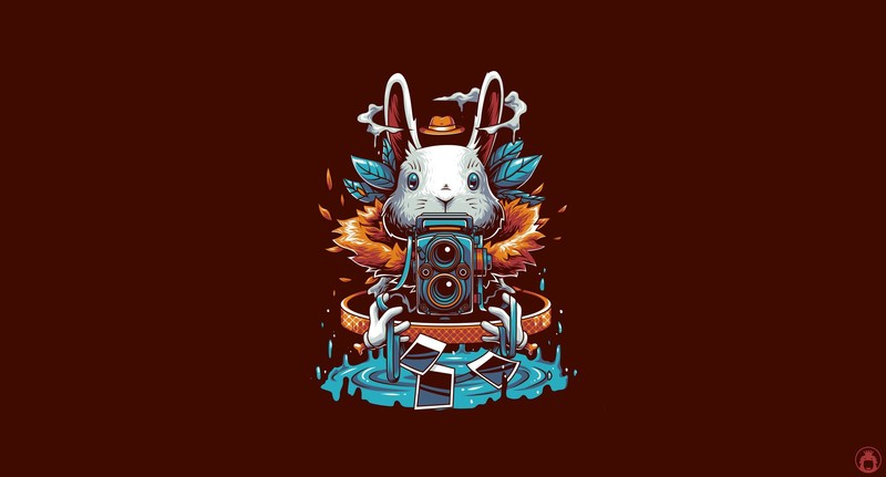 artwork, red background, simple background, rabbits, camera