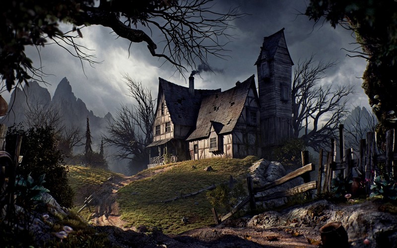digital, digital art, artwork, landscape, wood, tavern, nature, clouds, concept art, mountains