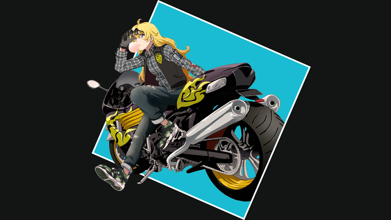 Yang Xiao Long, RWBY, anime girls, motorcycle, render in shapes, cyan, gray background