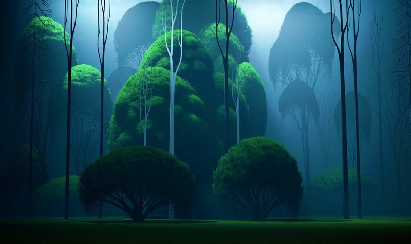 artwork, trees, nature, green, mist