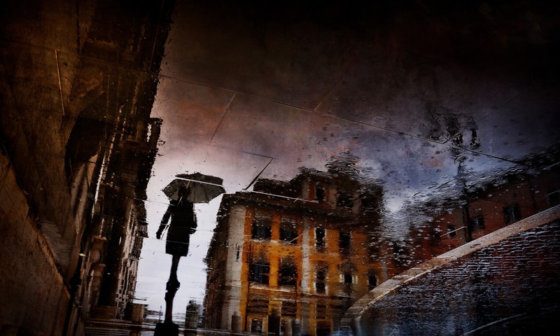 dark, rain, city, artwork, reflection, upside down