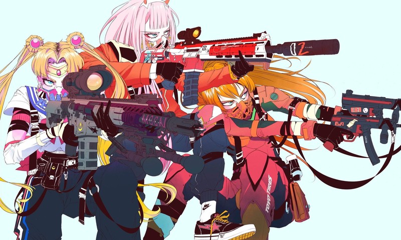 Neon Genesis Evangelion, Sailor Moon, Darling in the FranXX, anime girls, short hair, pink hair, jogging, mask, blond hair, redhead, horns, blue eyes, Usagi Tsukino, Zero Two (Darling in the FranXX), Asuka Langley Soryu, AR15, assault rifle, sneakers, crossover, digital art, long hair, 2D, girls with guns, sniper rifle, female warrior, plugsuit, sailor outfit, twintails, fan art, Vinne