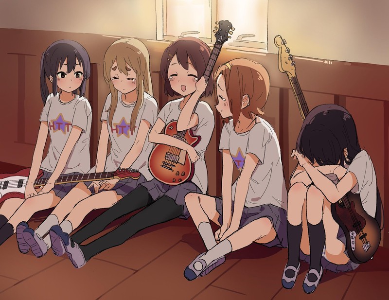 anime girls, digital art, Kyoto anime, K-ON!, fan art, 2D, Akiyama Mio, Kotobuki Tsumugi, Nakano Azusa, Tainaka Ritsu, crying, Hirasawa Yui, guitar, electric guitar, blue skirt, black hair, blond hair, brunette, long hair, short hair, pantyhose