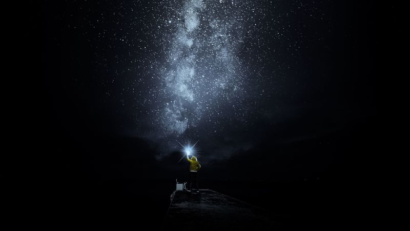 starry sky, man, loneliness, lonely, shine, night, dark, 4k