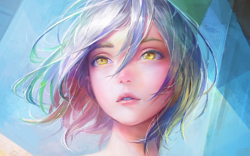 women, artwork, digital art, short hair, face, hazel eyes, cyan