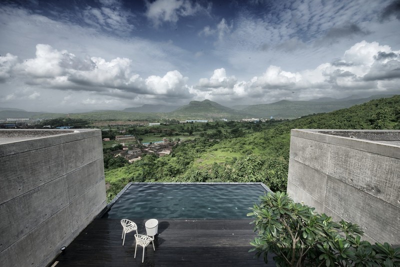 terraces, clouds, swimming pool, balcony, mountains, modern