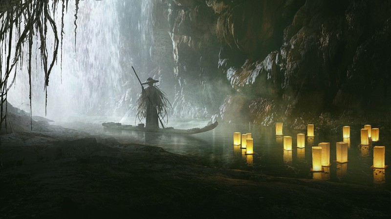 digital, digital art, artwork, drawing, digital painting, dark, lights, cave, water, river, landscape, oriental, nature, environment, concept art