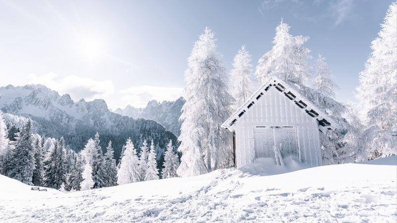mountains, snow, winter, building, trees, 4k