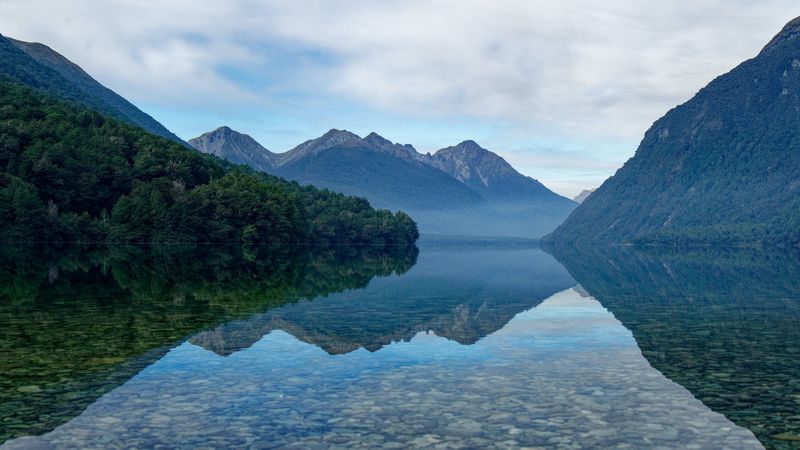 mountains, lake, trees, reflection, stones, 4k