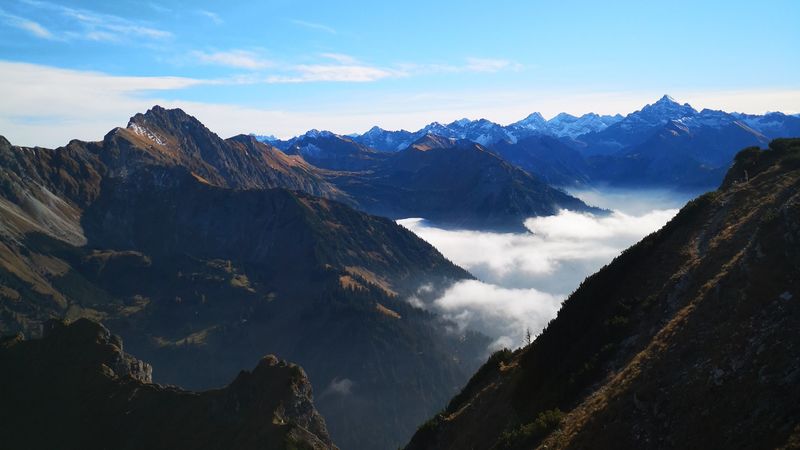 mountains, peaks, aerial view, fog, clouds, alps, 4k