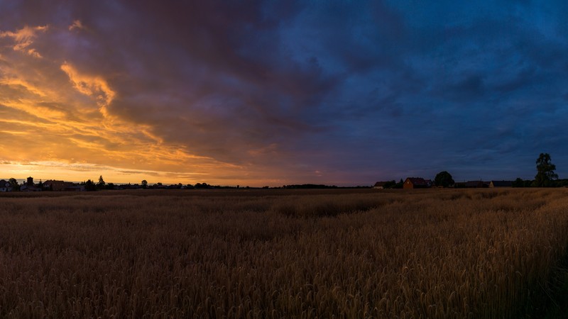 nature, landscape, sunrise, orange sky, Poland, village, field